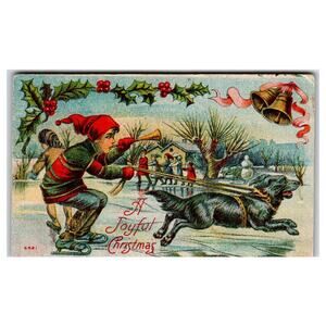 Vintage 1912 Joyful Christmas Boy Ice Skating with Dog Postcard